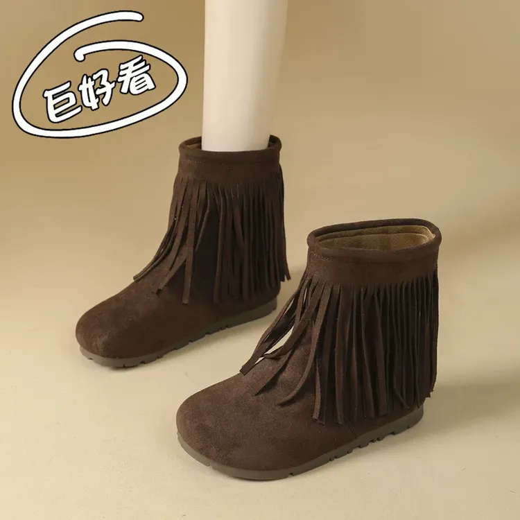 白鹿同款复古流苏马丁靴女2025新款西部靴内增高短靴磨砂皮中筒靴