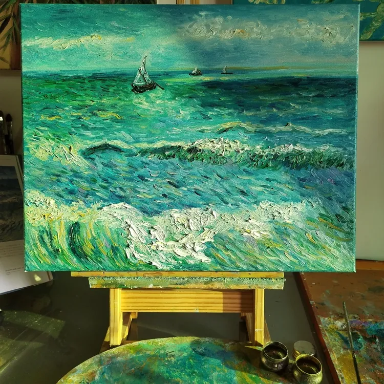 临摹印象派梵高《海滨的渔船》油画装饰画，适合客厅卧室玄关