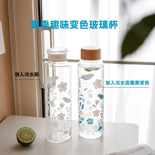 网红冷变杯夏季创意高硼硅玻璃杯冷水变色小鸟图案情侣水杯冷泡杯