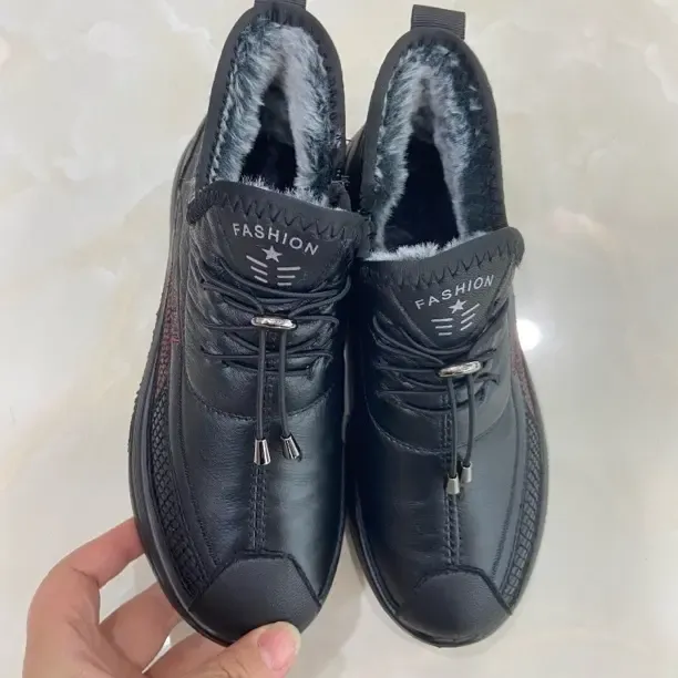 防水松紧带牛皮系带棉鞋保暖鞋防滑短靴圆头布鞋冬季雪地靴平跟