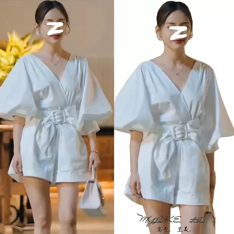 明星同款超柔纯棉白色连体裤灯笼袖设计慵懒气质轻奢百搭连衣裙裤