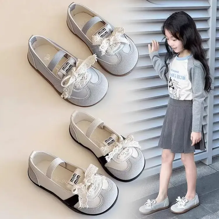 女孩女童鞋子夏季潮款儿童蕾丝浅口皮鞋一脚蹬透气软底凉鞋单鞋