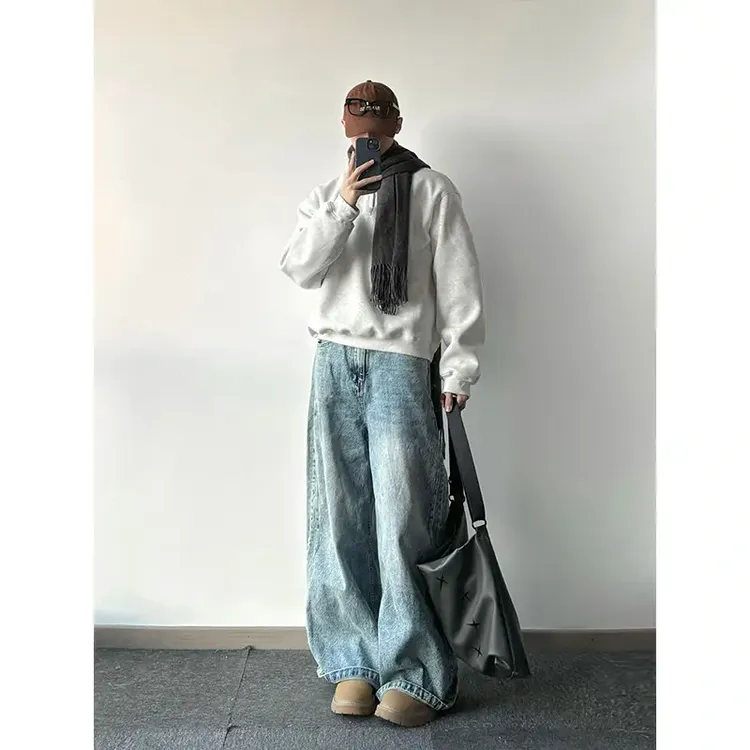 美式弯刀蓝色牛仔裤男款春秋痞帅高街vibe裤子宽松直筒廓形阔腿裤