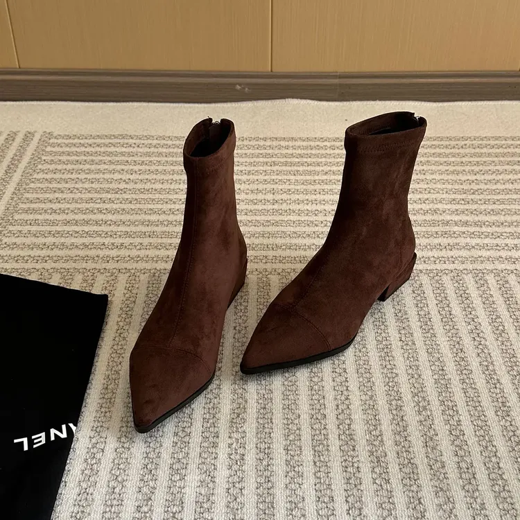 百搭小众弹力瘦瘦靴2025新款秋冬显瘦后拉链裸靴平底法式尖头短靴