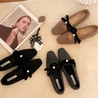 玛丽珍鞋中跟亮片蝴蝶结低跟单鞋穆勒鞋尖头法式复古