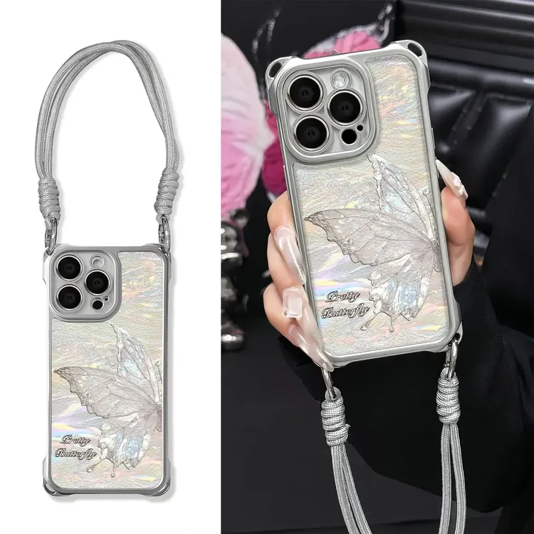 适用于蝴蝶花苹果16高级感时尚四角挂绳手机壳华为OPPO小米VIVO