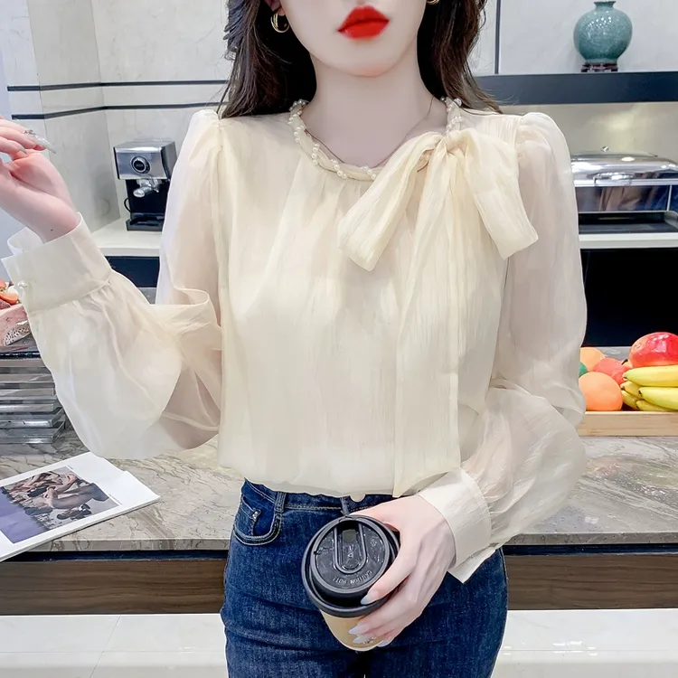 法式温柔风领口钉珠蝴蝶结衬衫女春季2025新款优雅灯笼袖甜美上衣