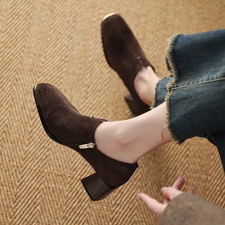 小羊皮方头乐福鞋女英伦风复古磨砂皮高跟鞋女粗跟深口单鞋软底