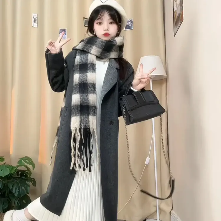 小个子定制韩版潮流气质中长款双面绒大衣大口袋爆款秋冬外套