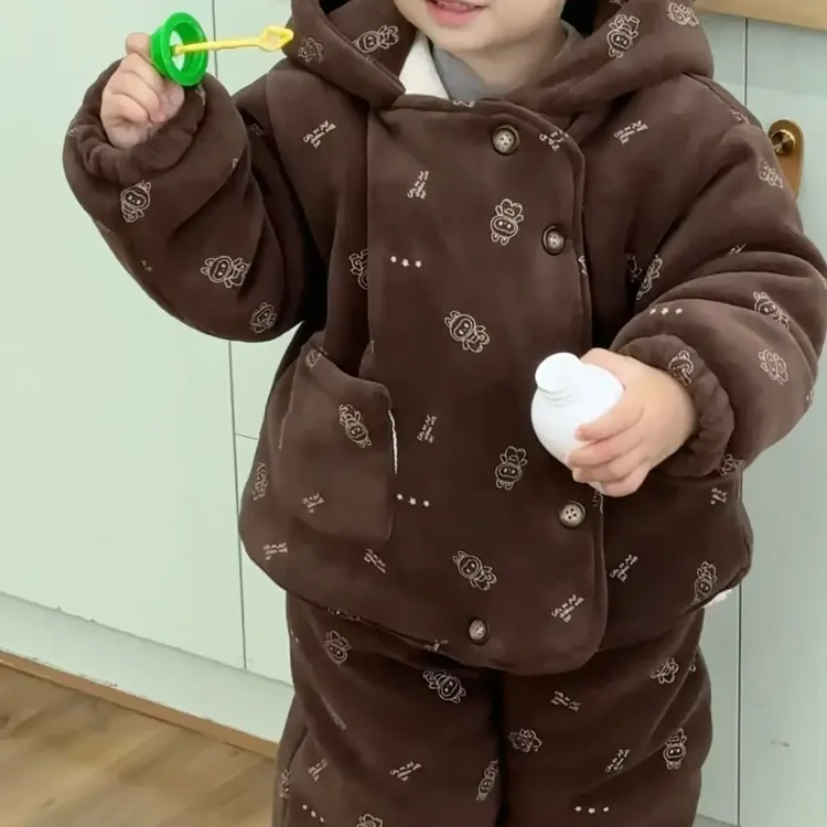 男女童连帽三层夹棉家居服套装冬季加厚保暖珊瑚绒宝宝冬装