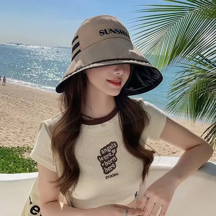 【可扎马尾】黑胶空顶大帽檐可折叠收纳防晒防紫外线渔夫遮阳帽E145