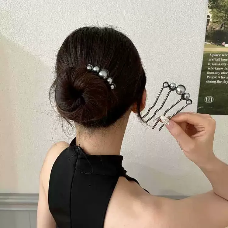新中式气质时尚头盘发钗器珠珠发簪u型子精致百搭日常淑女简约