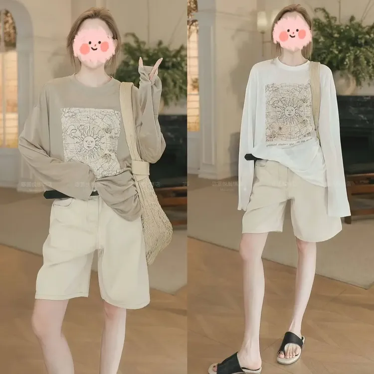 洋气衣服女宽松慵懒防晒长袖T恤罩衫百搭四分牛仔短裤气质套装女