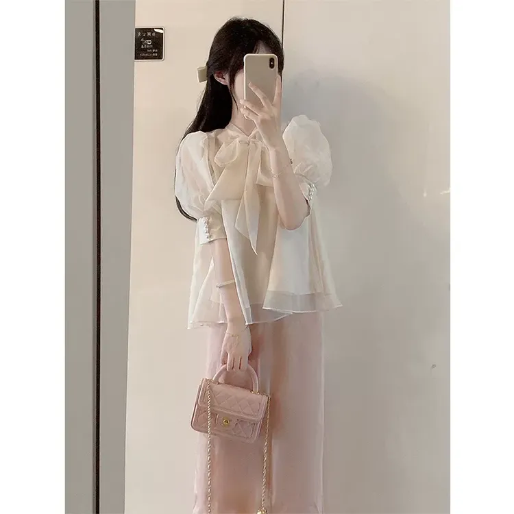 气质套装女夏季2023新款温柔风韩系甜美短袖上衣半身裙时尚两件套