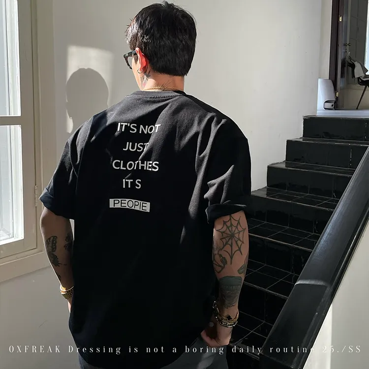 OXFREAK「背后英文标语」300g重磅美式黑色短袖t恤男圆领情侣半袖