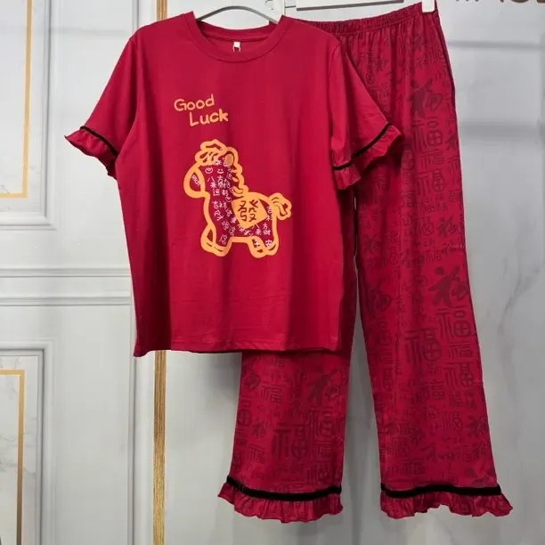 甜美KT猫印花棉质女士短袖长裤舒适睡衣套装