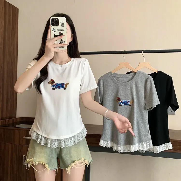 2025夏装新款胖mm大码女韩版设计感蕾丝荷叶边短袖小衫上衣A1372