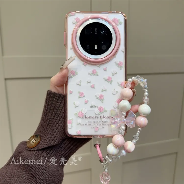 适用华为mate70pro+手机壳透明小清新mate60pro+粉白玫瑰花链条女