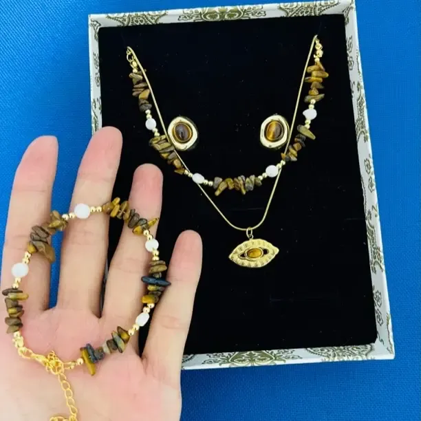 钛钢大理石项链 女颈链咖啡色手工复古小香风项链