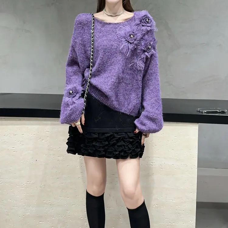 网红针织衫秋季提花纯色通勤毛针织衫韩版蕾丝女花朵