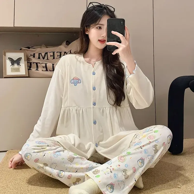 大码秋冬月子服加厚产后孕妇睡衣哺乳喂奶产妇保暖德绒家居服套装