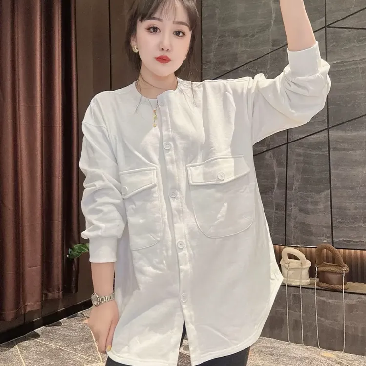 春季新款气质简约风宽松慵懒百搭单排扣双兜中长款卫衣开衫女