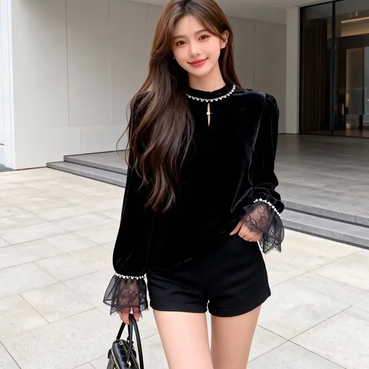 法式复古钉珠亮片真丝丝绒花瓣袖轻奢衬衫女春秋新款