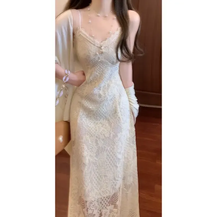 柔光芭蕾国风新中式重工提花蕾丝吊带连衣裙&防晒空调开衫两件套
