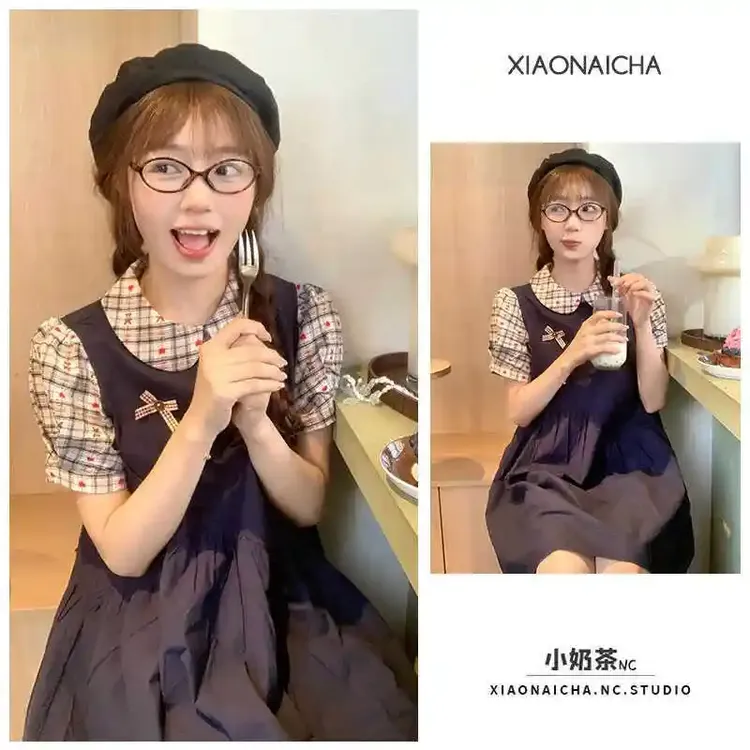 日系复古娃娃领假两件连衣裙女夏季学院风设计感小个子拼接短裙子