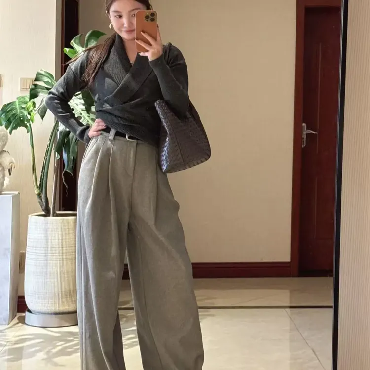 韩系时尚老钱风高腰垂感阔腿秋冬休闲长裤