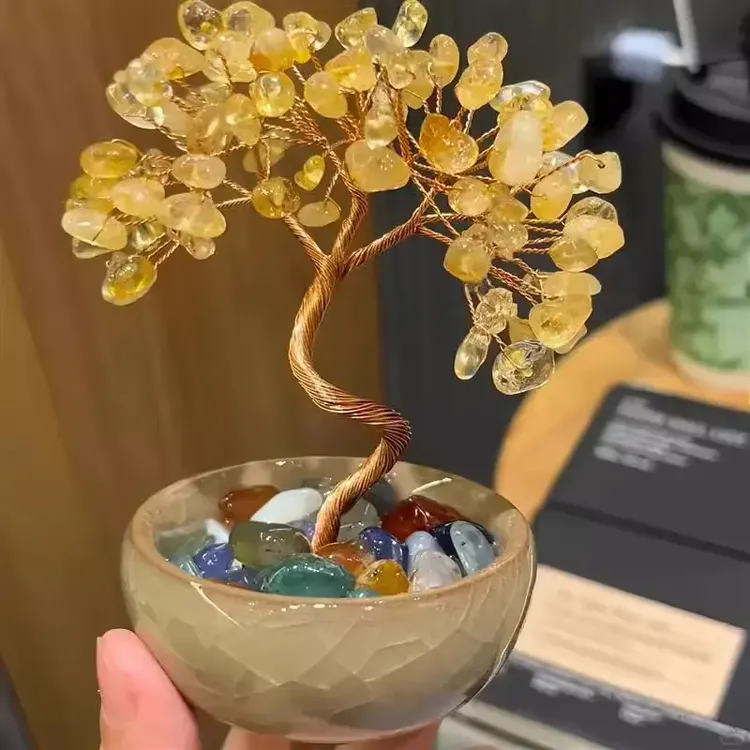 陶瓷花盆铜树枝黄水晶发财树摆件2025新款办公室紫水晶发财树摆件