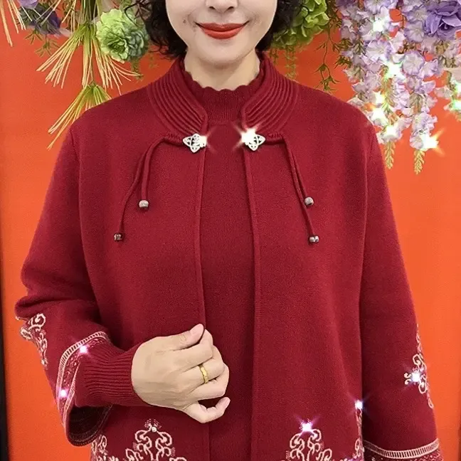 新中式妈妈秋冬针织两件套开衫
