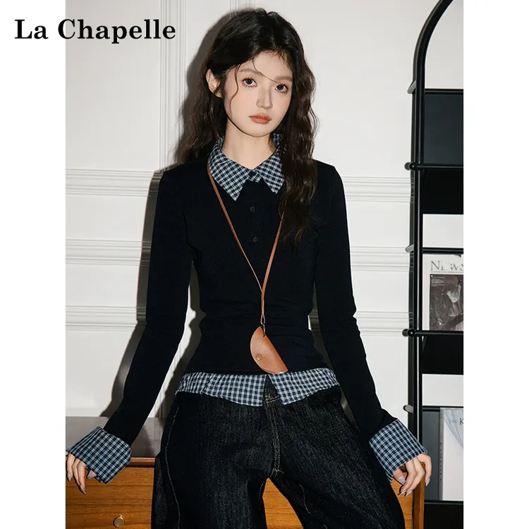 拉夏贝尔美式复古假两件格子拼接Polo领2025春秋季显瘦长袖T恤