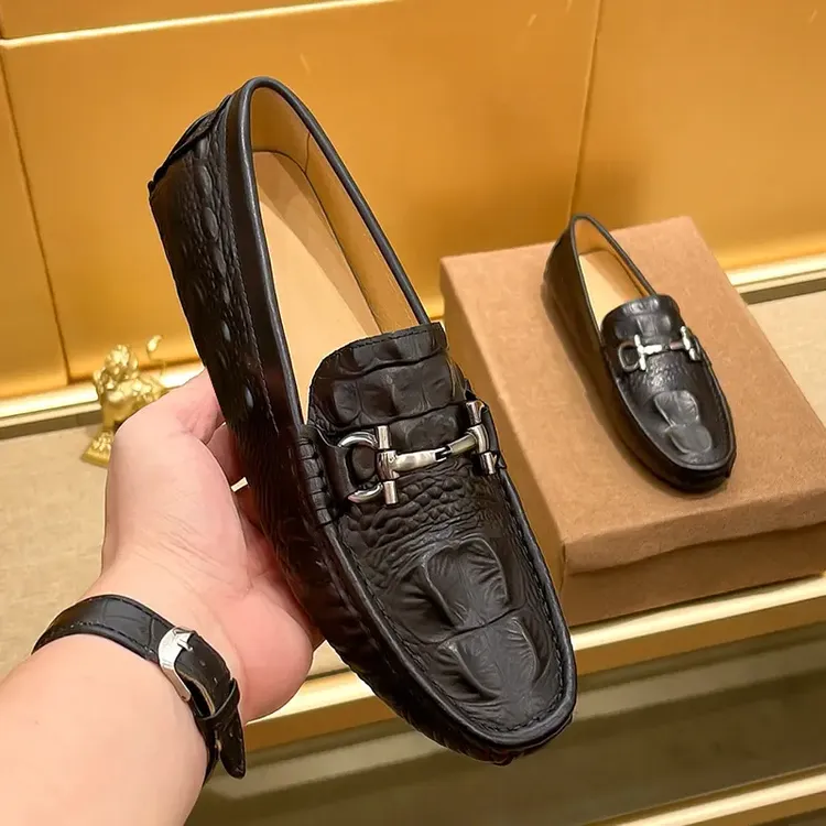 夏季新款潮牌马衔扣男士豆豆鞋真皮鳄鱼纹透气奢侈品一脚休闲皮鞋