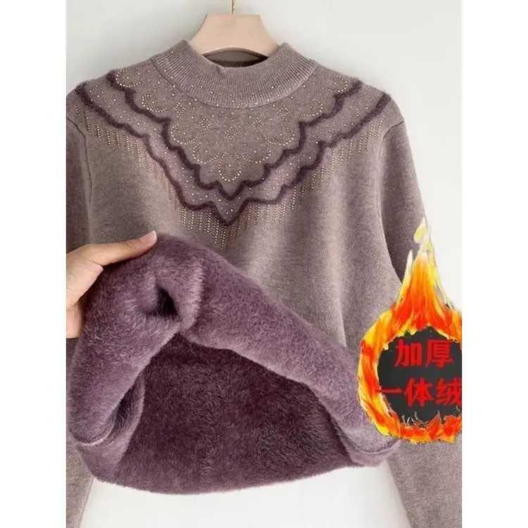 冬季加绒加厚一体绒毛衣妈妈宽松半高领针织保暖打底老年人女上衣
