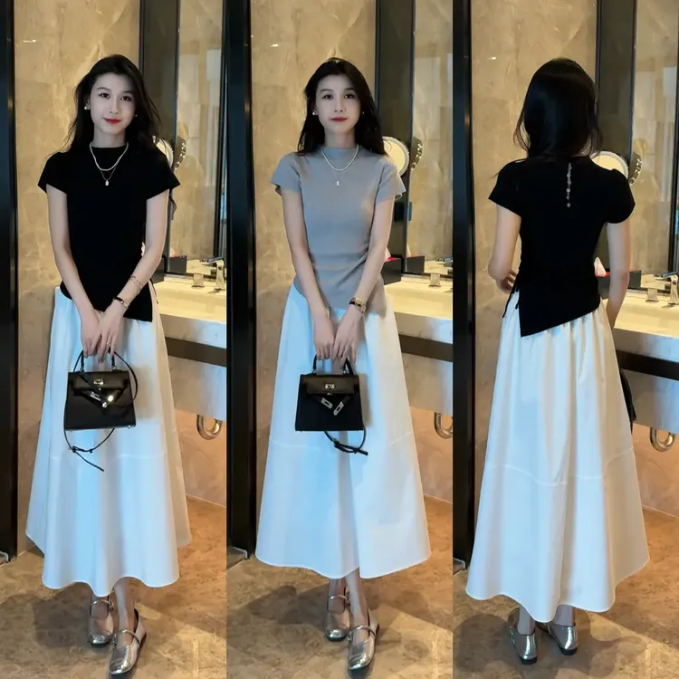 时尚百搭两穿抽绳修身短袖毛针织衫 半身摆裙修身遮胯显瘦套装