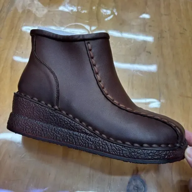 双线手工牛皮鞋 复古真皮坡跟软底舒适短靴