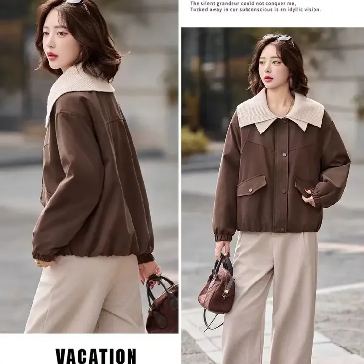 宽松型拼色中老年上装不起球常规短外套落肩袖慵懒风显瘦开衫