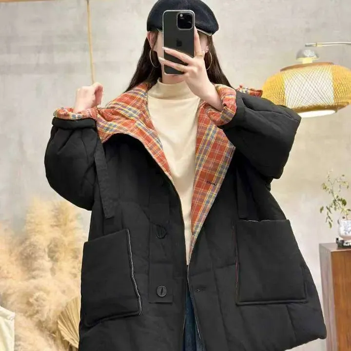 冬季新款连帽女士拼色棉衣休闲时尚百搭经典设计感外套