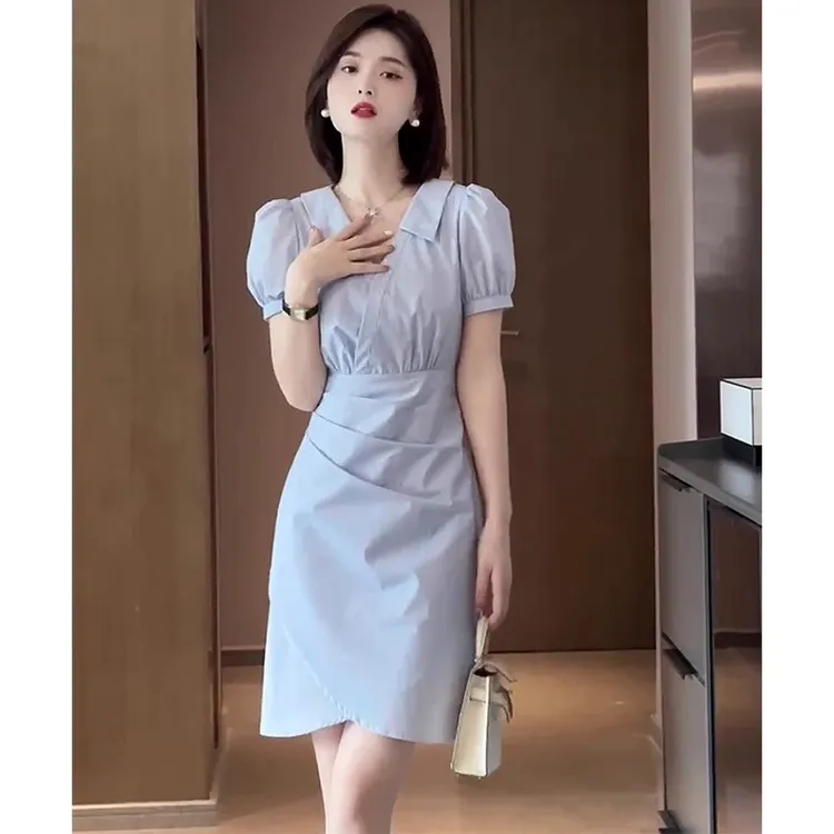法式高级感条纹衬衫连衣裙女夏季修身显瘦气质高端女神范字裙子