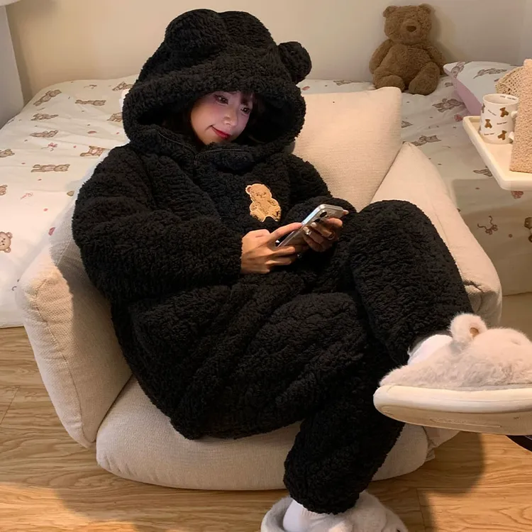 睡衣女秋冬季三层夹棉加厚加绒2024新款卡通连帽珊瑚绒冬天家居服