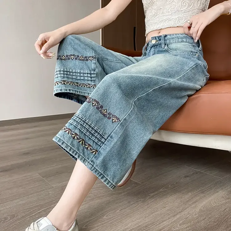 复古中式刺绣直筒牛仔裤薄款高腰宽松时尚显瘦简约百搭八分阔腿裤