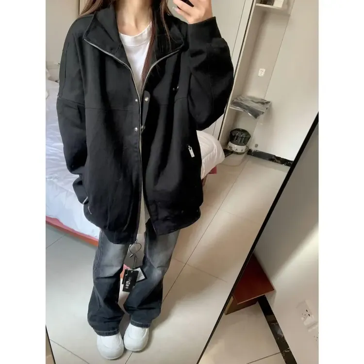 美式复古外套黑色女2025春秋季新款立领小众宽松休闲飞行夹克上衣