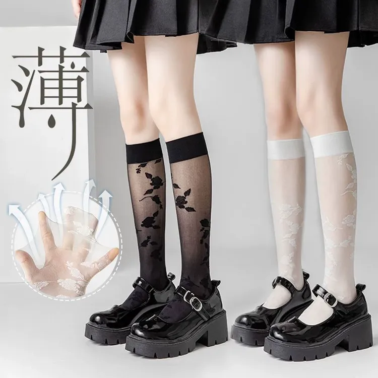 维多利亚夏季百搭纯欲小众jk中筒袜学院风花朵甜美蝴蝶结小腿袜