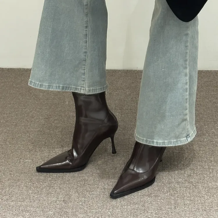2025秋冬新品瘦瘦靴~细跟高跟尖头气质软皮后拉链韩版百搭短筒靴