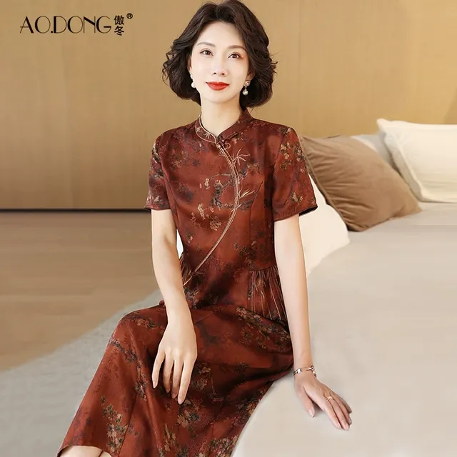 香云纱真丝连衣裙女改良旗袍喜婆婆收腰新中式桑蚕丝裙子气质夏季
