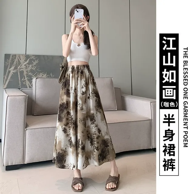 冰丝雪纺裙裤女2025新款夏季薄款小个子高腰垂感水墨画国风阔腿裤