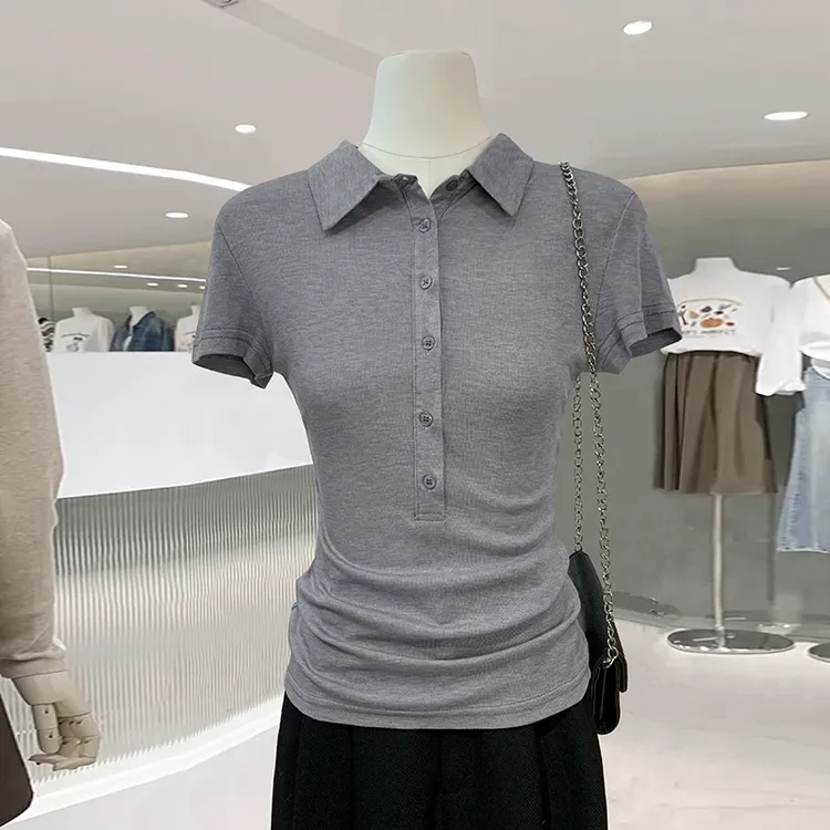 莱赛尔天丝亲肤正肩修身辣妹微透短袖T恤女夏季桑蚕丝POLO衫上衣