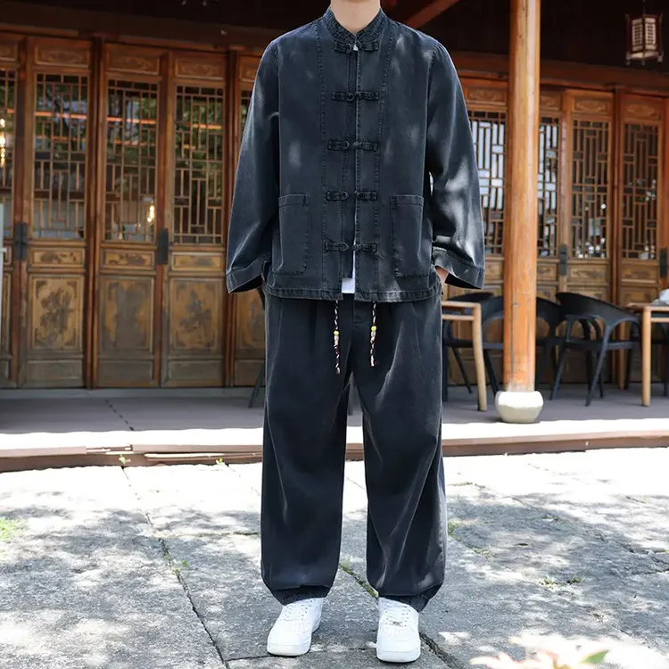 秋季新款中国风牛仔透气衬衫休闲纯色夹克套装大码男士百搭套装