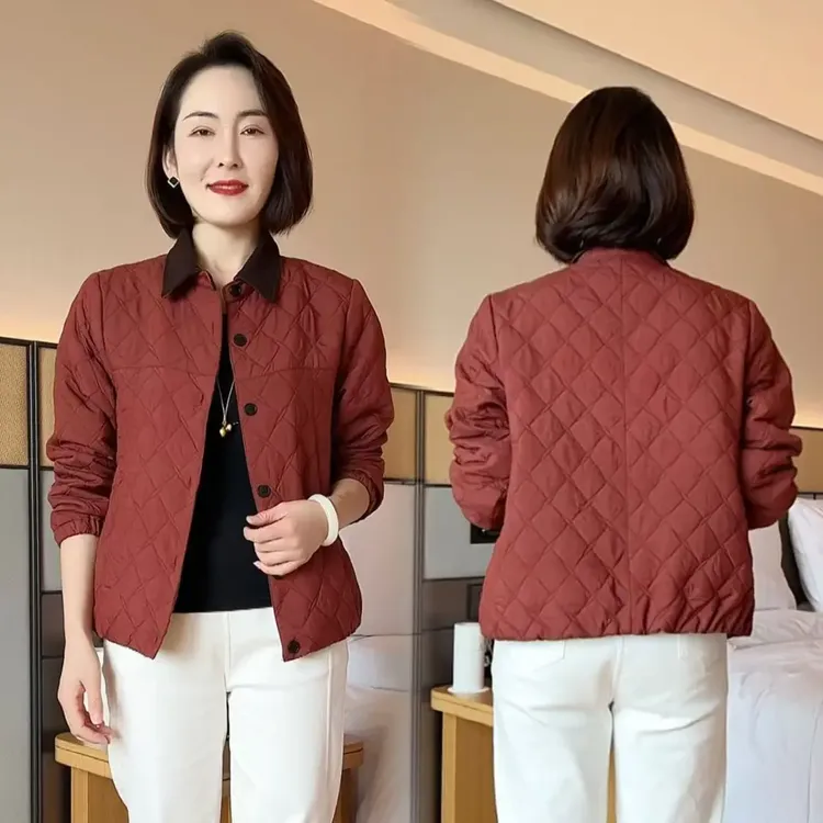 2025冬季时尚妈妈轻薄翻领菱格棉服上衣保暖棉袄洋气减龄棉衣外套